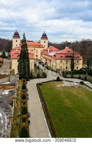 Walbrzych, Poland - January 29, 2020: Xiaz Castle, Located In A Forest On A Hill In The Walbrzych Ar