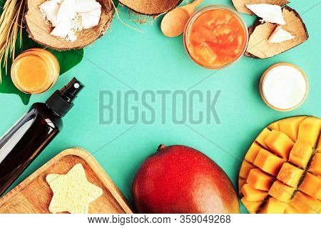 Summer Skin And Body Care With Fresh Juicy Mango Tropical, Fruit Pulp, Coconut Pieces, Natural Beaut