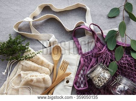 Cotton Bags, Net Bag With Reusable  Glass Jars And Bamboo Cutlery. Zero Waste Concept. Eco Friendly.