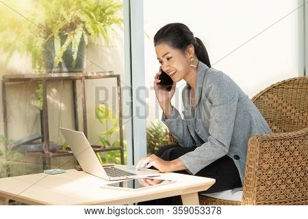 Young Student Woman Use Wireless Internet Learning And Co-working At Home On Mobile Tablet App. Mode