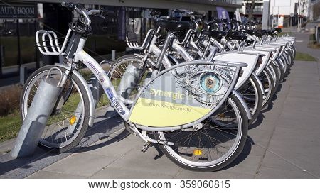 Warsaw, Poland. 1 April 2020.  Rental Bikes Standing At The Station Of Urban Public Bike System In W