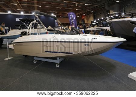 Istanbul, Turkey - February 22, 2020: Bayliner Boat On Display At Cnr Eurasia Boat Show In Cnr Expo 