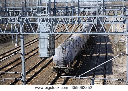 Freight Railway Cars At The Marshalling Yard.