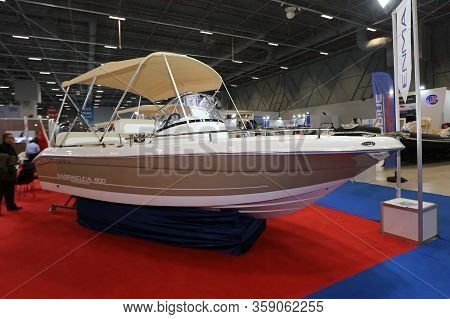 Istanbul, Turkey - February 22, 2020: Enma Barracuda 600 Boat On Display At Cnr Eurasia Boat Show In