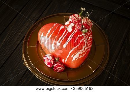 Modern Mousse Cake. Heart Shape Cake Decoraited Of Roses. Concept For Wedding , St. Valentine's Day,