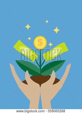 Money Tree In Hands Vector Icon On Blue Background. Money Growing On Tree. Money Growth, Making Mone