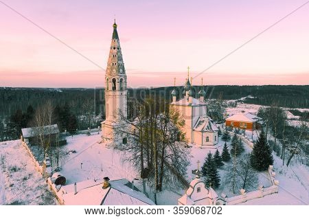 View Of Spaso-preobrazhenskiy Cathedral In January Evening (shooting From Quadrocopter). Sudislavl. 