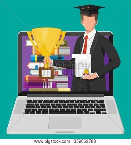 Notebook, Student, Stack Of Book. Online Education Concept. Distance Learning. Online Courses, Study