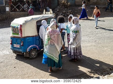 Gondar, Ethiopia - Feb 06, 2020: Ethiopian People At The Church Of Debre Berhan Selassie In Gondar, 