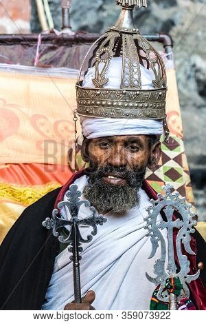 Lalibela, Ethiopia - Feb 14, 2020: Ethiopian Priest At The Famous Monastery Neakuto Leab Near Lalibe