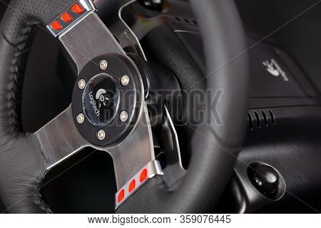 Tambov, Russian Federation - January 17, 2014  Close-up Of Logitech Steering Wheel.