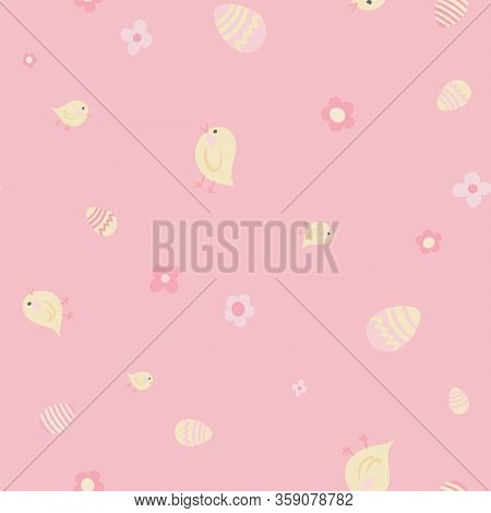 Vector Hand Drawn Chicken And Eggs Easter Seamless Pattern.