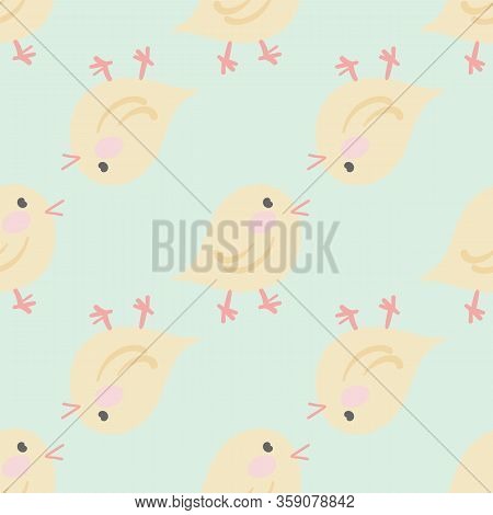 Vector Easter Baby Chicken On Green Background Seamless Pattern.