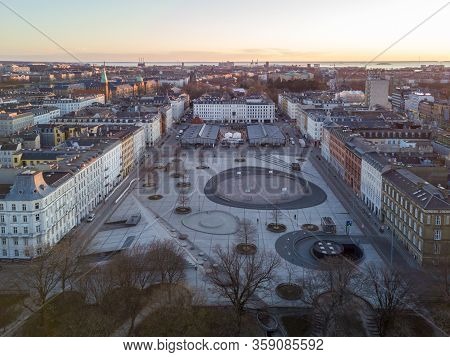 Copenhagen, Denmark - March 31, 2020: Aerial Drone View Israels Plads And The Market Halls.