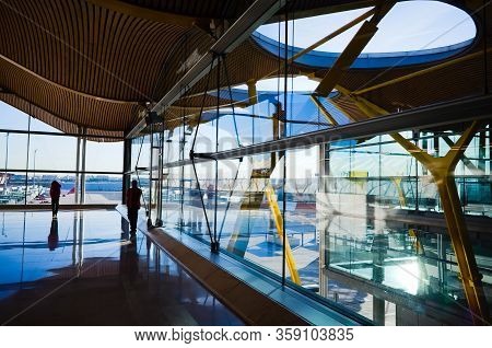 Madrid, Span - January, 2020: Interior View Of The Madrid Barajas International Airport. Many Reflec