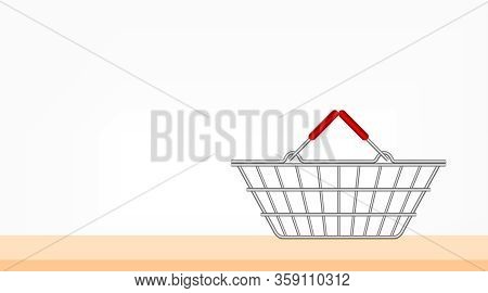 Metal Basket Empty For Supermarket, Shopping Basket Silver On The Top Table Front, Handle Basket Met