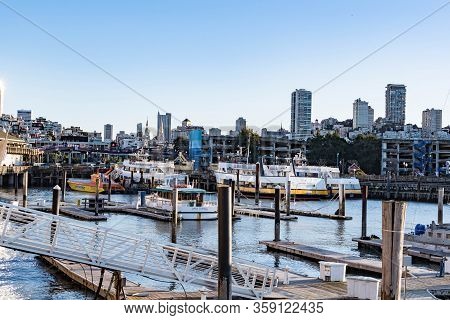 Boats And Yachts At The Pier 39 The Embarcadero San Francisco California, Usa, March 31, 2020