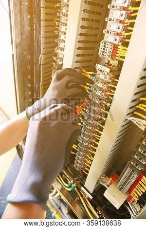 Electrical Terminal In Junction Box And Service By Technician. Electrical Device Install In Control 