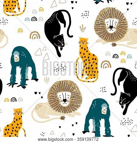 Seamless Jungle Pattern With African Animals, Panther, Lion, Orangutan, Cheetah And Hand Drawn Textu