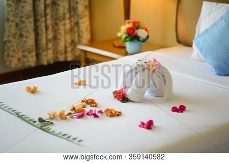 Towel Looklike Animal In Luxury Hotel. Elephant Towerl