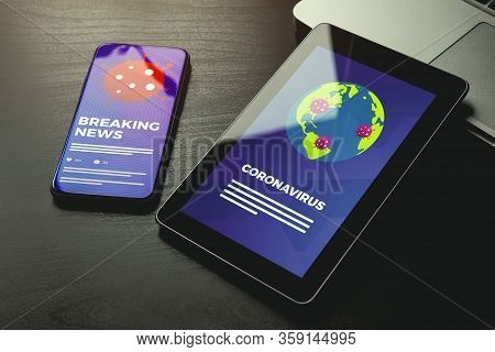 Breaking news about Novel Coronavirus Covid-19 on mobile gagdets screens. Coronavirus 2019-ncov pandemic news headlines for online agencies reporting the number of coronavirus infected, surviving and dead people