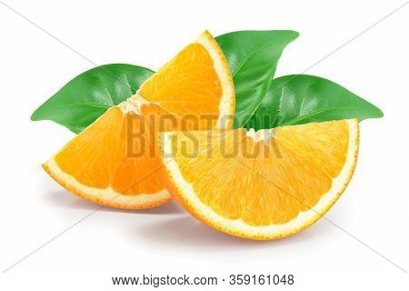 Orange Fruit Slice With Leaves Isolated On White Background