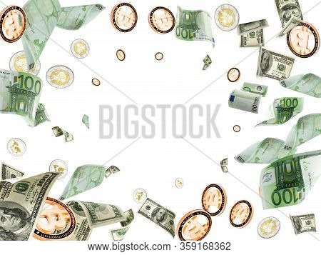 Euro Banknote Isolated. American Cash, Bitcoins Falling Background. European Money Cryptocash Bill
