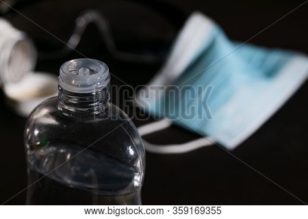 Coronavirus prevention medical surgical masks and hand sanitizer gel for hand hygiene corona virus protection. covic19 