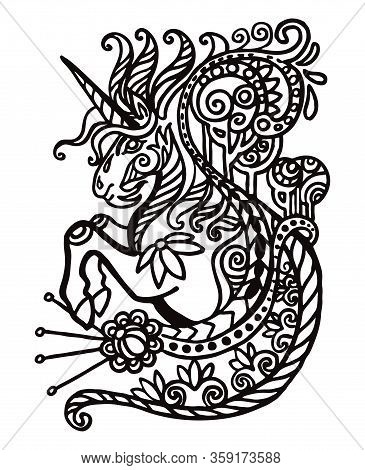 Vector Hand Drawing Zentangle Doodle Coloring Antistress With Ornamental Unicorn Isolated On White B