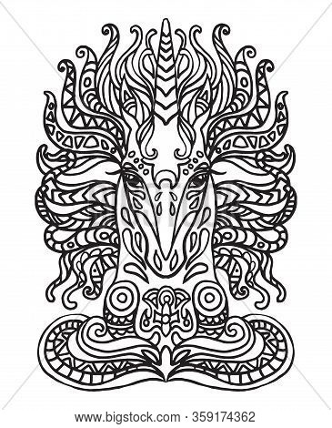 Vector Zentangle Doodle Coloring Antistress With Ornamental Unicorn Portrait Isolated On White Backg