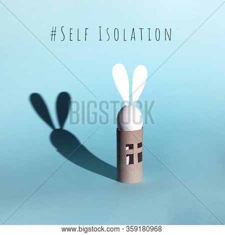 Easter Egg Bunny On Self-insulation. In The Toilet Paper Cabin. A Concept On Quarantine And Pandemic