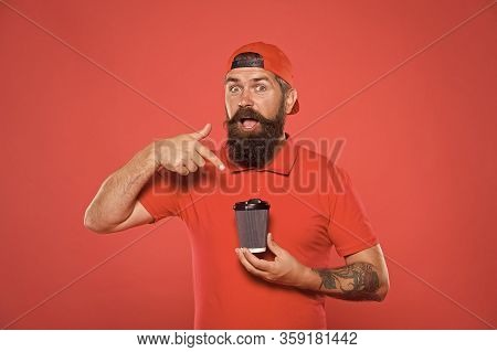 Specialty Coffee Roasted. Cafe Barista Hold Coffee Cup. Coffee To Go. Cafe Stuff Red Uniform With Ca
