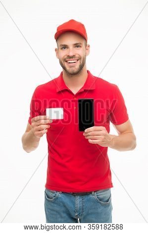 Business Contact. Smiling Courier. Delivery Service During Quarantine Measures. Food Delivery Servic