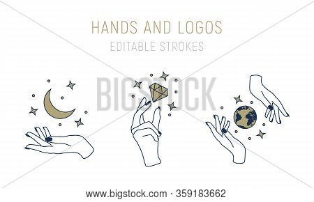 Vector Logo Templates In Trendy Minimal Style. Abstract Hand Drawn Logo Set With Hands, Moon, Stars,