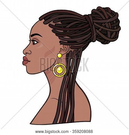 Animation Portrait Of The Young Beautiful African Woman  In A Dreadlocks. Profile View. Color Drawin