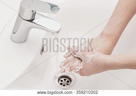 Woman Washing Hands With Antibacterial Soap For Corona Virus Prevention, Hygiene To Stop Spreading C