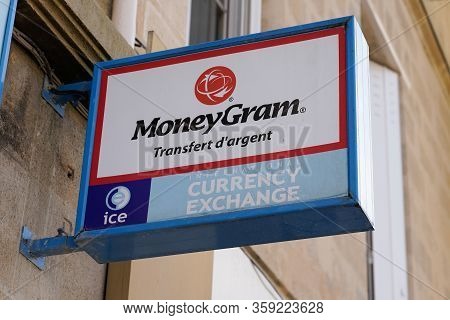 Bordeaux , Aquitaine / France - 11 19 2019 : Moneygram Sign Logo Shop Ice Currency Exchange Internat