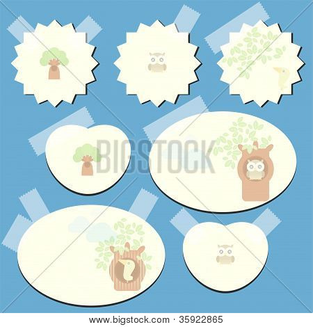 Jeu de la note de papier avec des éléments décoratifs, des oiseaux, hibou et arbre