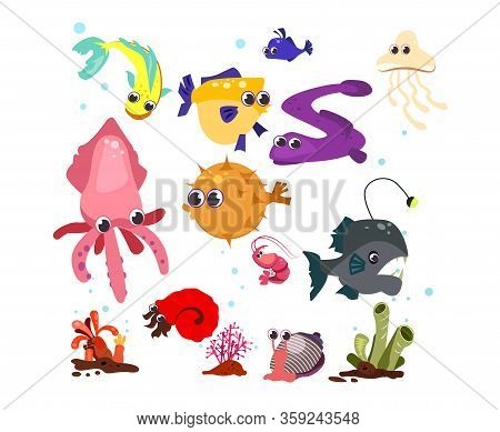 Sea Cartoon Characters Set Illustration. Different Sea Animals And Fishes On White Background. Can B