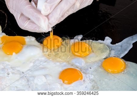 Eggs For Cooking, Top View, Natural Quick Breakfast Of Fresh Eggs. Female Hands Break Eggs For A Qui
