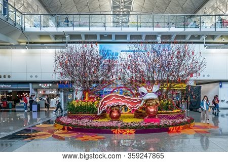 Hong Kong, China - 2020: Hong Kong International Airport From The Inside. Chinese New Year. The Figu