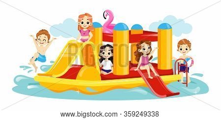 Concept Of Leisure In Aquapark. Cheerful Children Are Playing Together On Water Playground. Kids Are