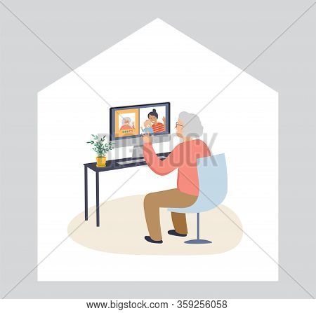 Elderly, Old People, Senior People At Home, Playing Chess, Chatting On Computer With Grandchildren, 