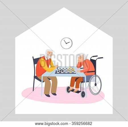 Elderly, Old People, Senior People At Home, Playing Chess, Chatting On Computer With Grandchildren, 