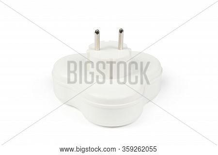 Plastic Electrical Tee Connector With Three Sockets On A White Background. High Resolution Photo. Fu