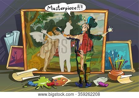 The Artist In His Studio Admires His Beautiful Painting