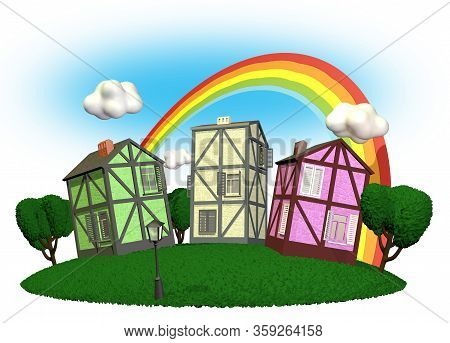 3d Illustration Of Fachwerk Houses With Trees Street Lamp And Rainbow