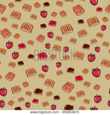 Cute Cartoon Seamless Pattern With Waffle With Chocolate And Strawberries. Friendship Concept. Child