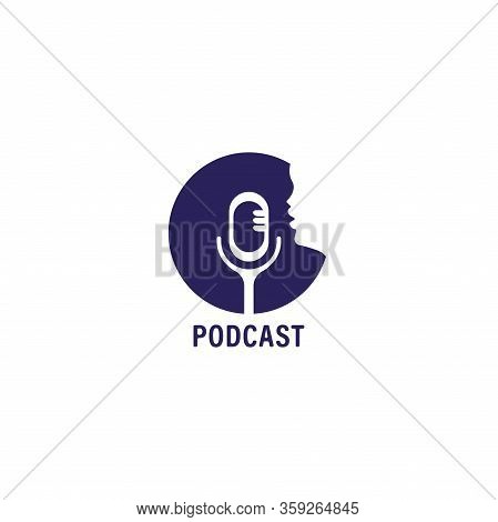 Podcast Logo Design Template Isolated On White Background. Condenser Microphone Icon With Face Shape