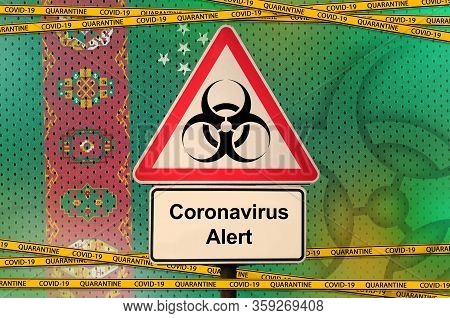 Turkmenistan Flag And Covid-19 Biohazard Symbol With Quarantine Orange Tape. Coronavirus Or 2019-nco